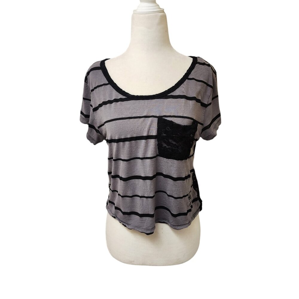 Hostility Grey Black Striped Lace Crop Top Large y2k 2000s Skater Grunge